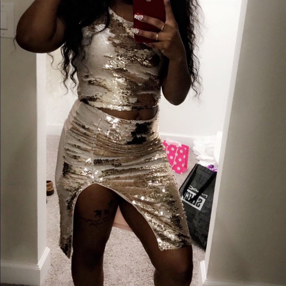 Two piece sequin skirt and top.